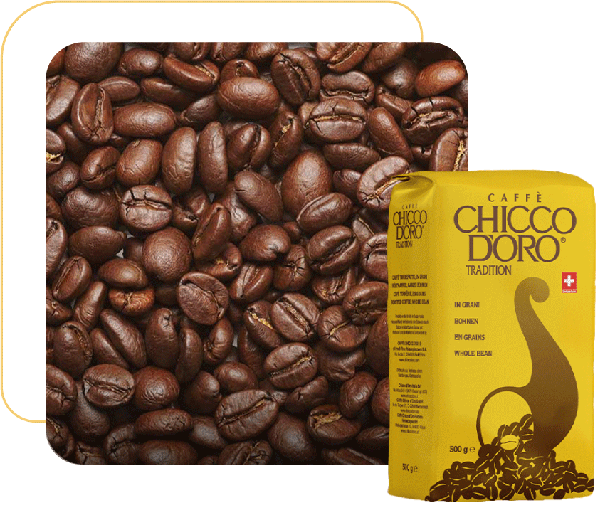Grani di caffè con in sovrapposizione packaging caffè in grani Tradition